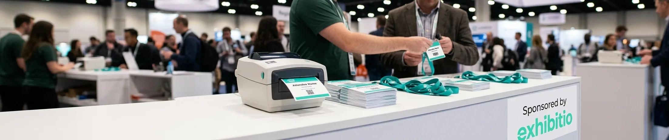 The badge printing desk at a busy expo: the label printer mid-print, stacks of badges, teal lanyards and the Sponsored by exhibitio counter